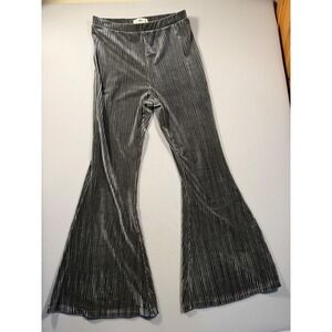 Natural Life Silver Pleated Velvet Flare Pants Metallic Plissé Bell Bottoms Boho